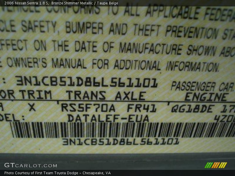 Bronze Shimmer Metallic / Taupe Beige 2006 Nissan Sentra 1.8 S