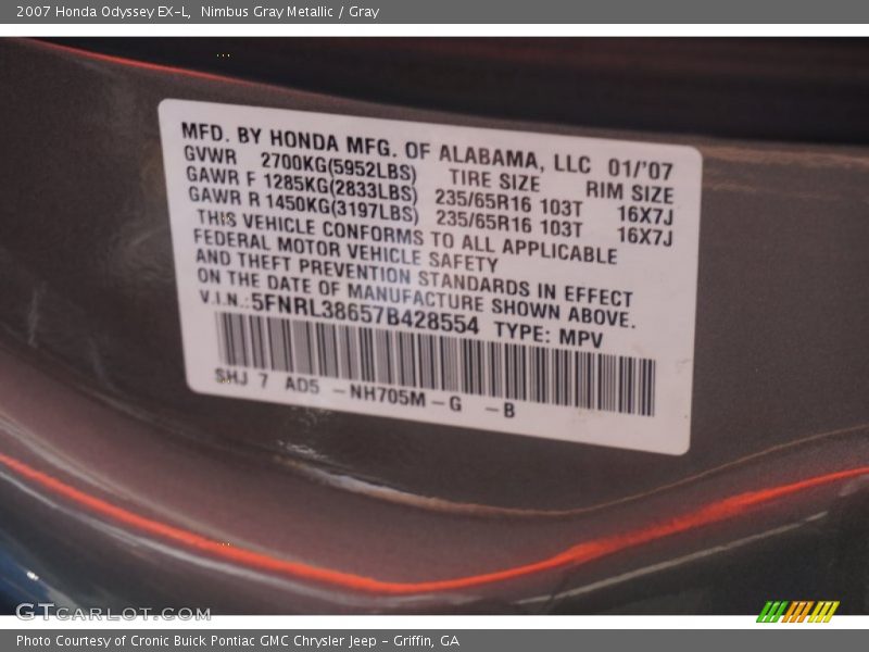 Nimbus Gray Metallic / Gray 2007 Honda Odyssey EX-L