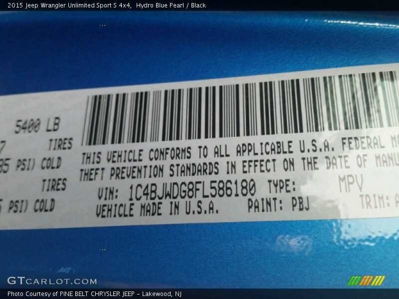 Hydro Blue Pearl / Black 2015 Jeep Wrangler Unlimited Sport S 4x4