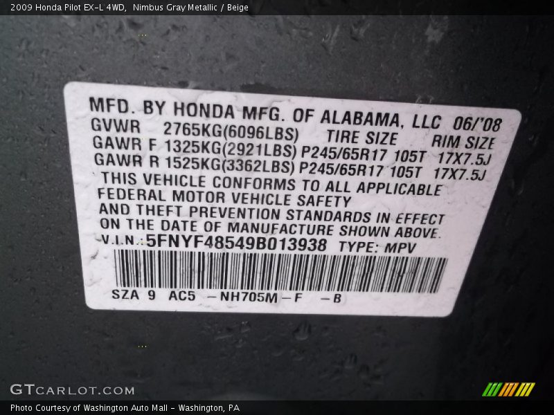 Nimbus Gray Metallic / Beige 2009 Honda Pilot EX-L 4WD