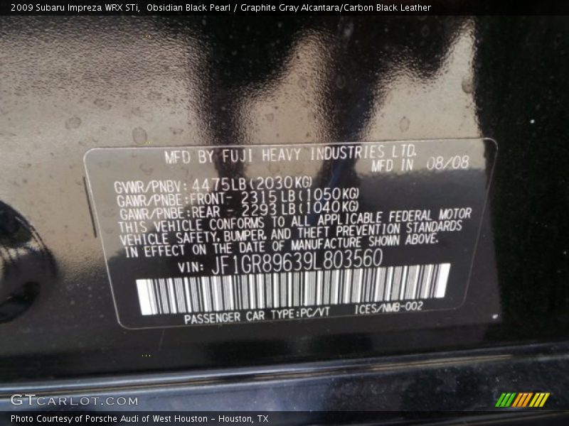 Obsidian Black Pearl / Graphite Gray Alcantara/Carbon Black Leather 2009 Subaru Impreza WRX STi