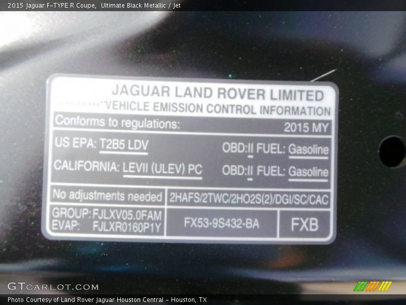 Info Tag of 2015 F-TYPE R Coupe
