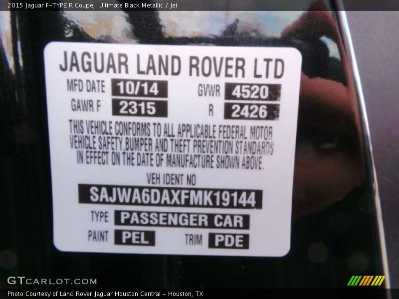 2015 F-TYPE R Coupe Ultimate Black Metallic Color Code PEL