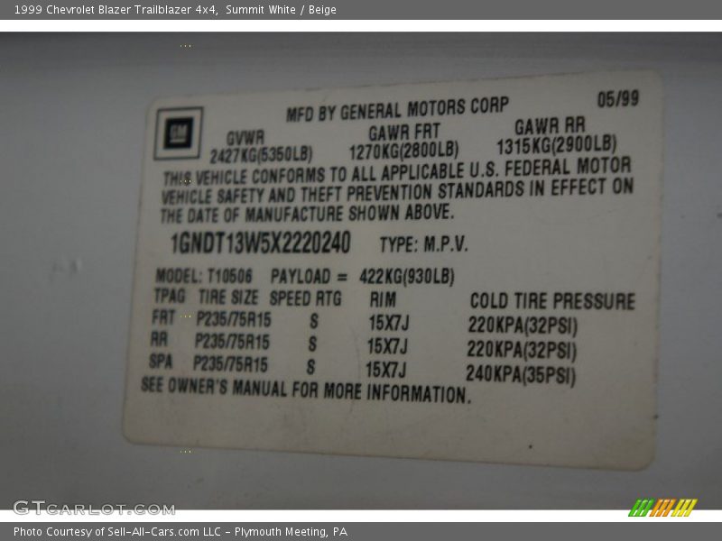 Summit White / Beige 1999 Chevrolet Blazer Trailblazer 4x4