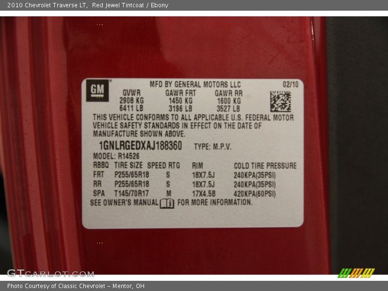 Red Jewel Tintcoat / Ebony 2010 Chevrolet Traverse LT