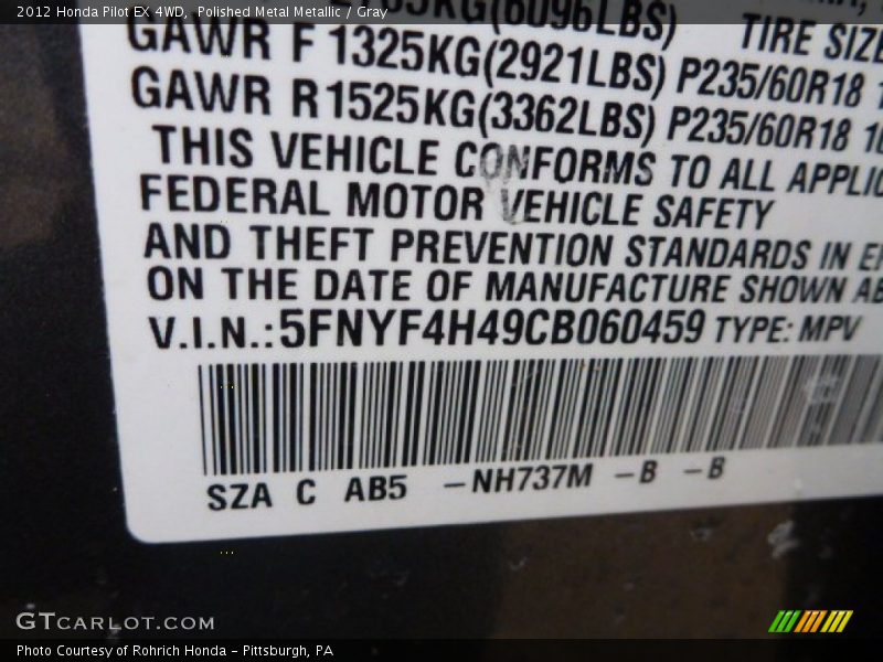 Polished Metal Metallic / Gray 2012 Honda Pilot EX 4WD