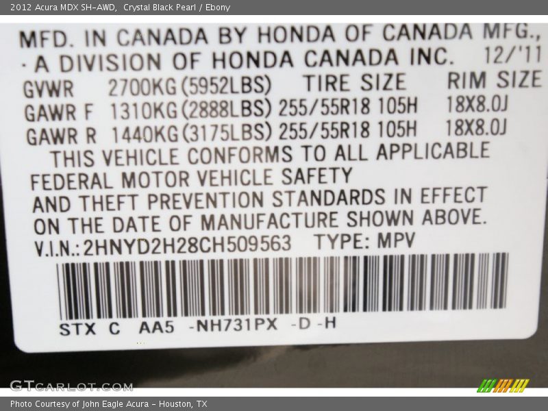 Crystal Black Pearl / Ebony 2012 Acura MDX SH-AWD
