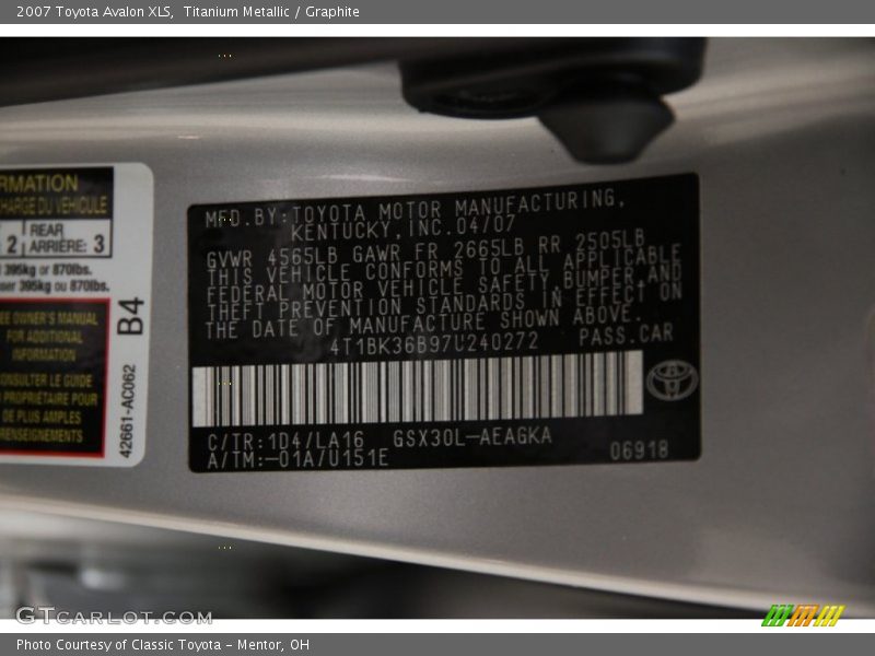 Titanium Metallic / Graphite 2007 Toyota Avalon XLS