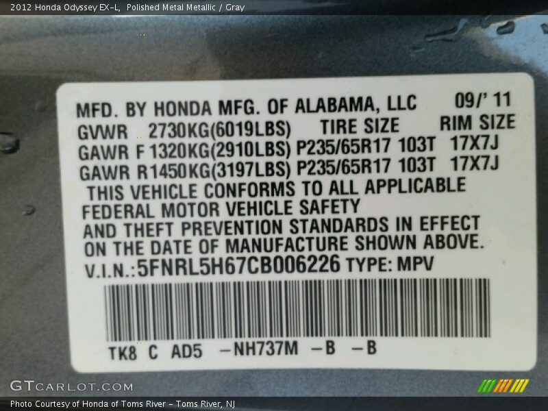 Polished Metal Metallic / Gray 2012 Honda Odyssey EX-L