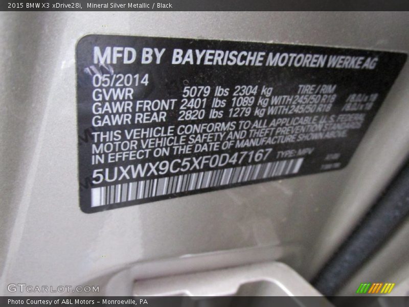Mineral Silver Metallic / Black 2015 BMW X3 xDrive28i