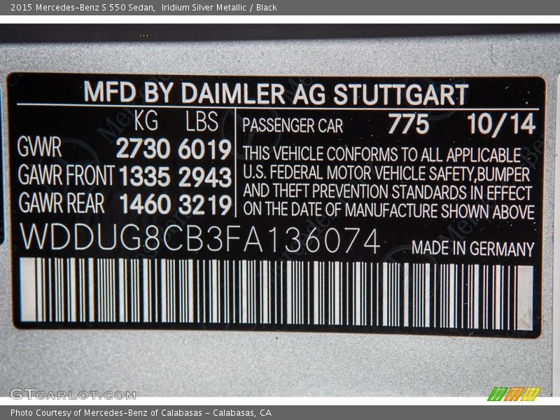 Iridium Silver Metallic / Black 2015 Mercedes-Benz S 550 Sedan