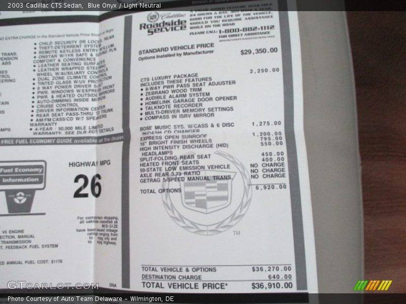  2003 CTS Sedan Window Sticker