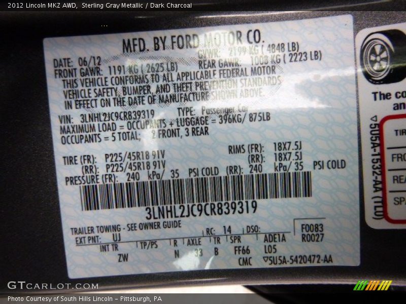 Sterling Gray Metallic / Dark Charcoal 2012 Lincoln MKZ AWD