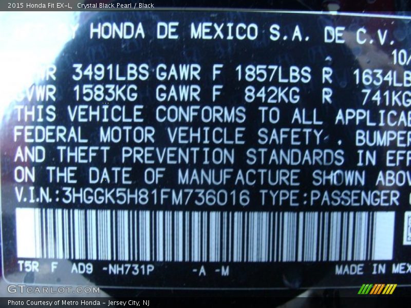 Crystal Black Pearl / Black 2015 Honda Fit EX-L