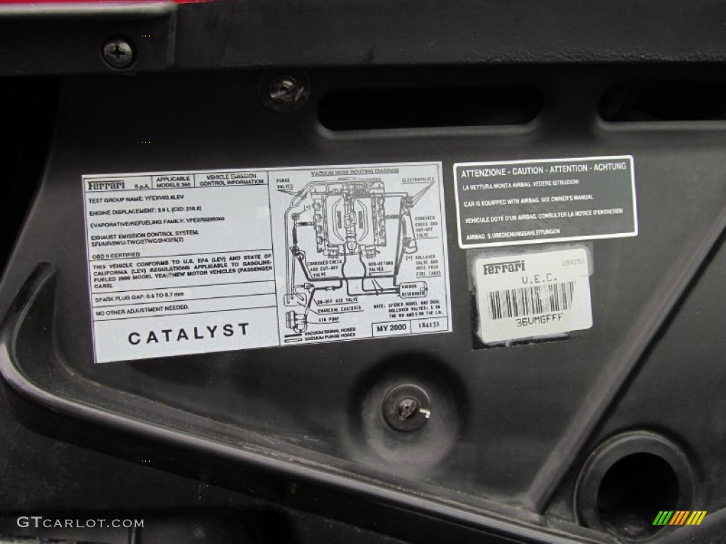 2000 Ferrari 360 Modena Info Tag Photo #100004506