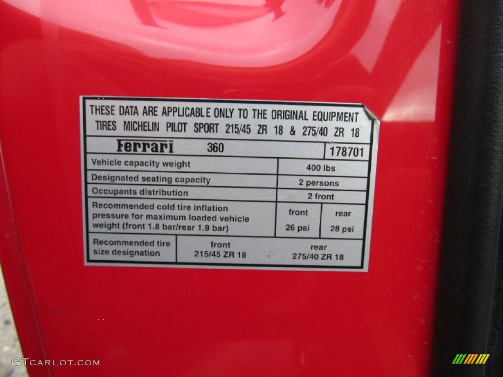 2000 Ferrari 360 Modena Info Tag Photo #100005097