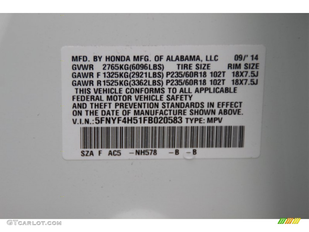 2015 Pilot EX-L 4WD - Taffeta White / Gray photo #5