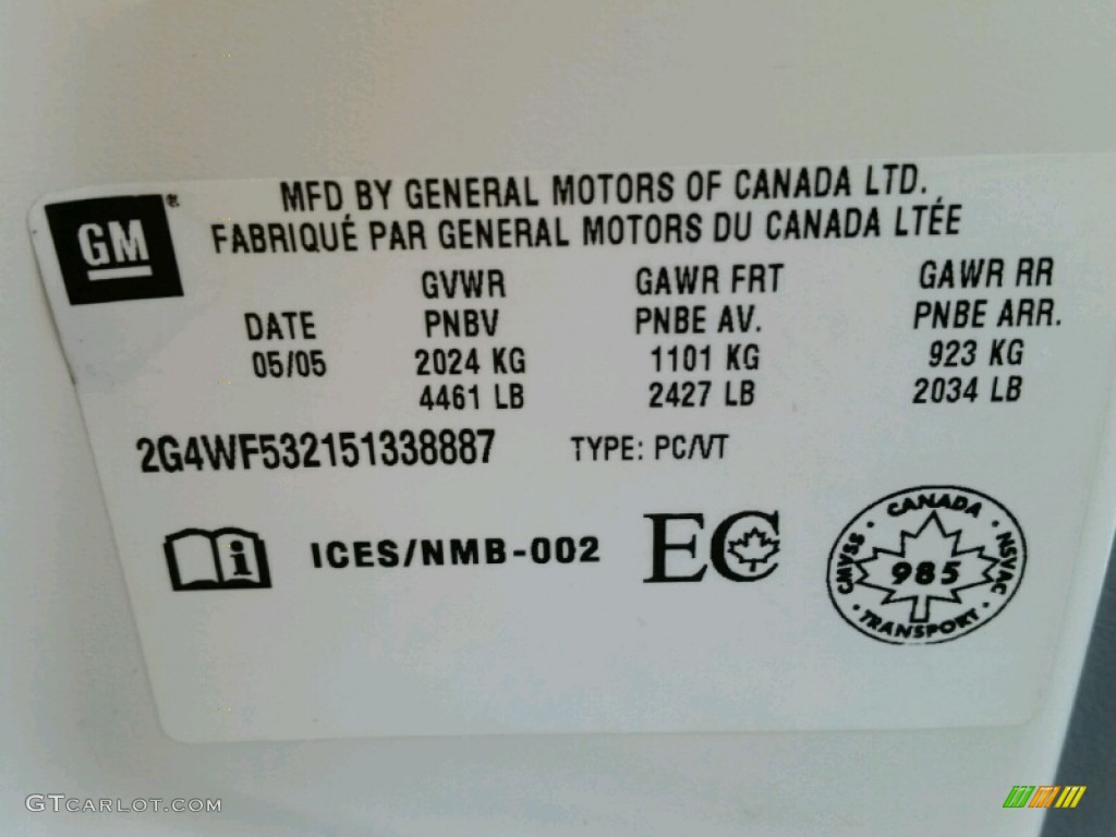 2005 Buick Allure CX Info Tag Photos