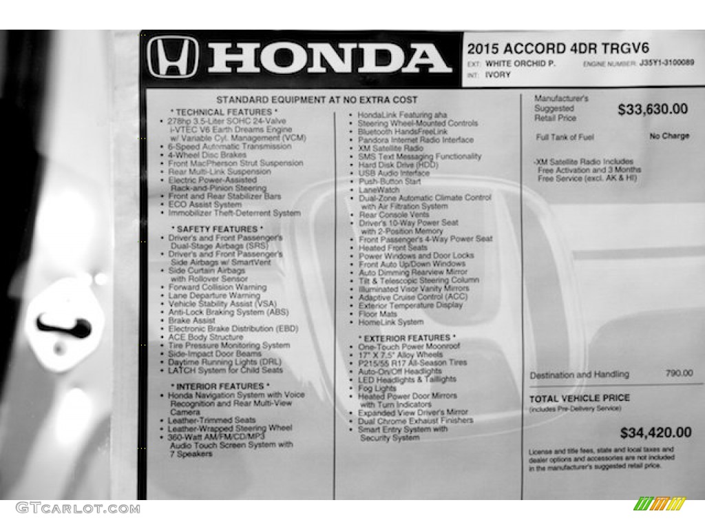 2015 Honda Accord Touring V6 Sedan Window Sticker Photos