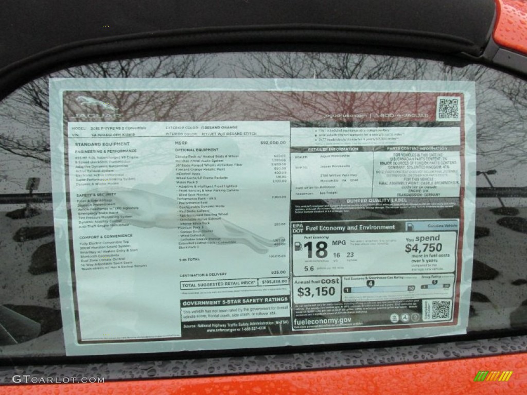 2015 Jaguar F-TYPE V8 S Convertible Window Sticker Photo #100166343