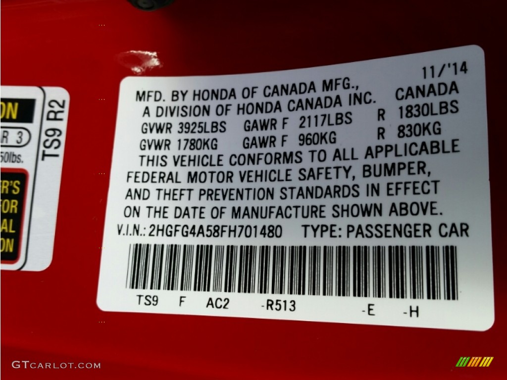 2015 Civic Color Code R513 for Rallye Red Photo #100263643