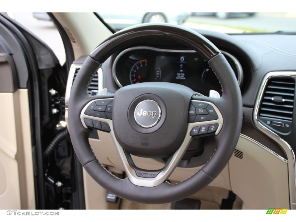2015 Jeep Grand Cherokee Overland 4x4 Black/Light Frost Beige Steering Wheel Photo #100296867