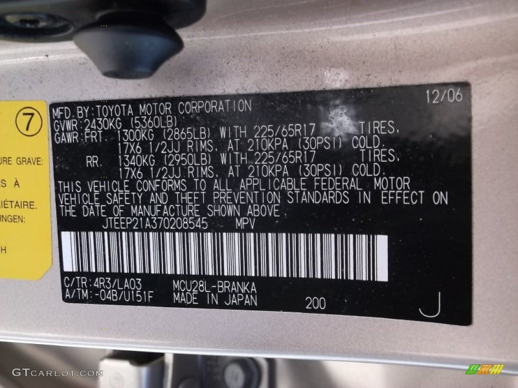 2007 Toyota Highlander V6 4WD Color Code Photos