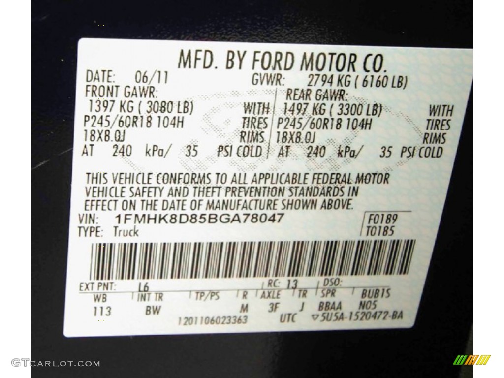 2011 Ford Explorer XLT 4WD Color Code Photos