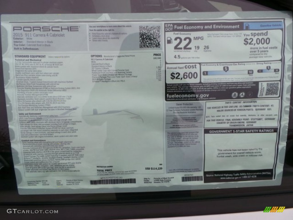 2015 Porsche 911 Carrera 4 Cabriolet Window Sticker Photos