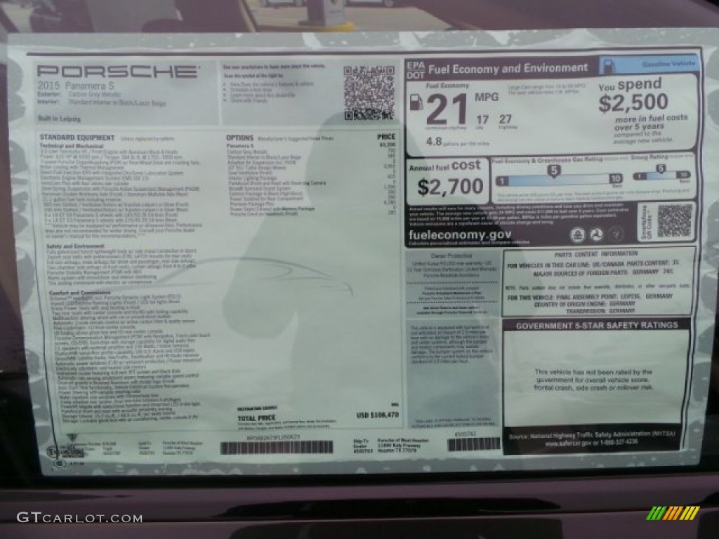 2015 Porsche Panamera S Window Sticker Photo #100458404