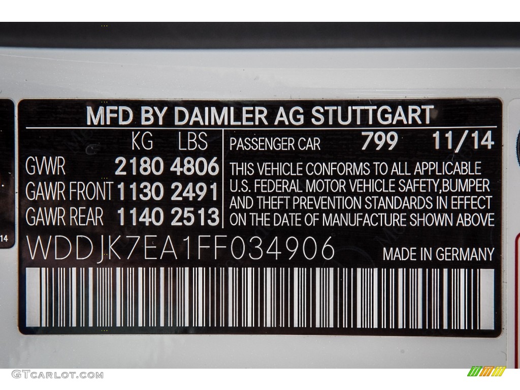 2015 SL Color Code 799 for designo Diamond White Metallic Photo #100500184