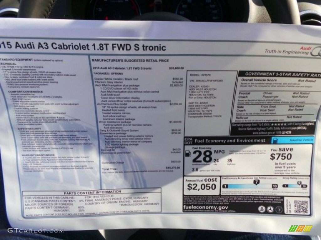 2015 Audi A3 1.8 Premium Plus Cabriolet Window Sticker Photo #100512027