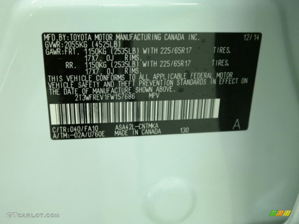 2015 RAV4 Color Code 040 for Super White Photo #100516410