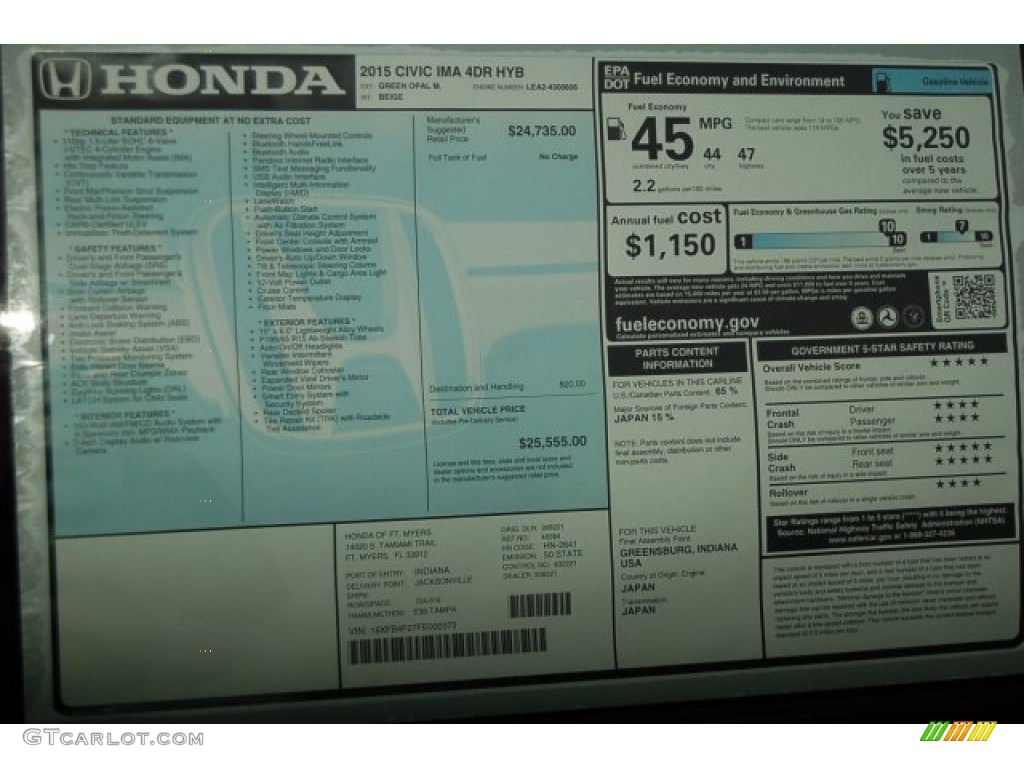 2015 Honda Civic Hybrid Sedan Window Sticker Photo #100526756