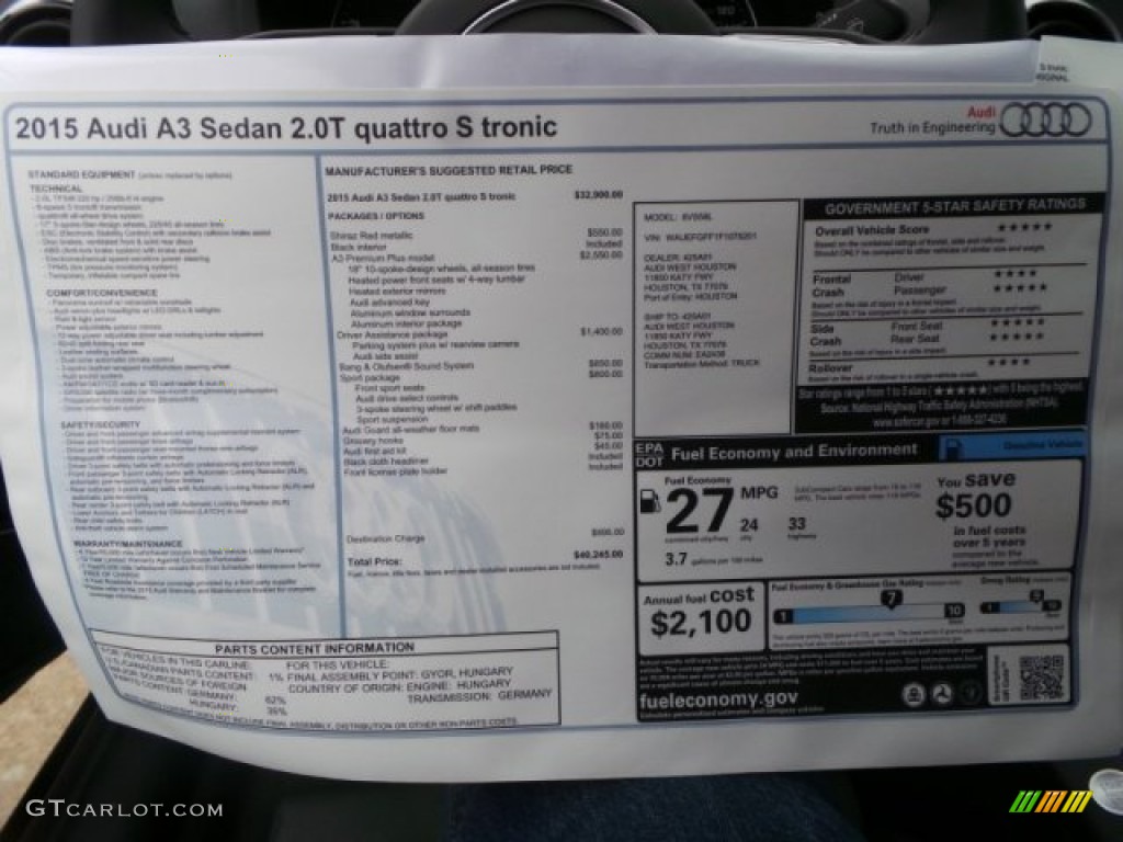 2015 Audi A3 2.0 Premium Plus quattro Window Sticker Photo #100550432