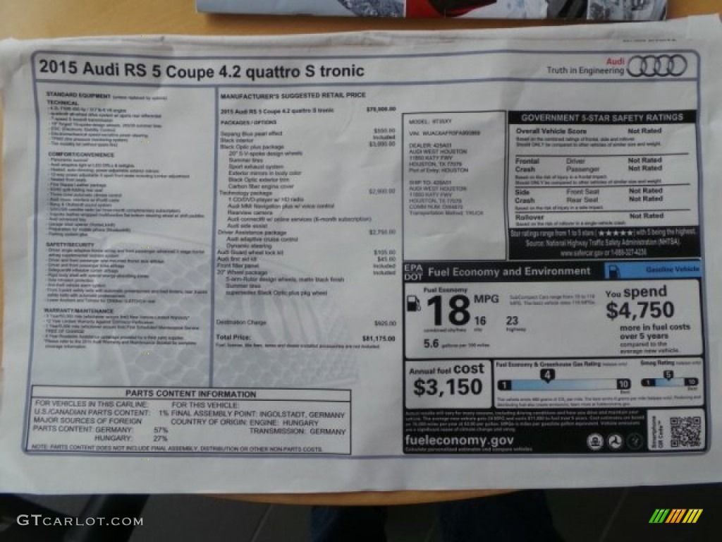 2015 Audi RS 5 Coupe quattro Window Sticker Photo #100598072