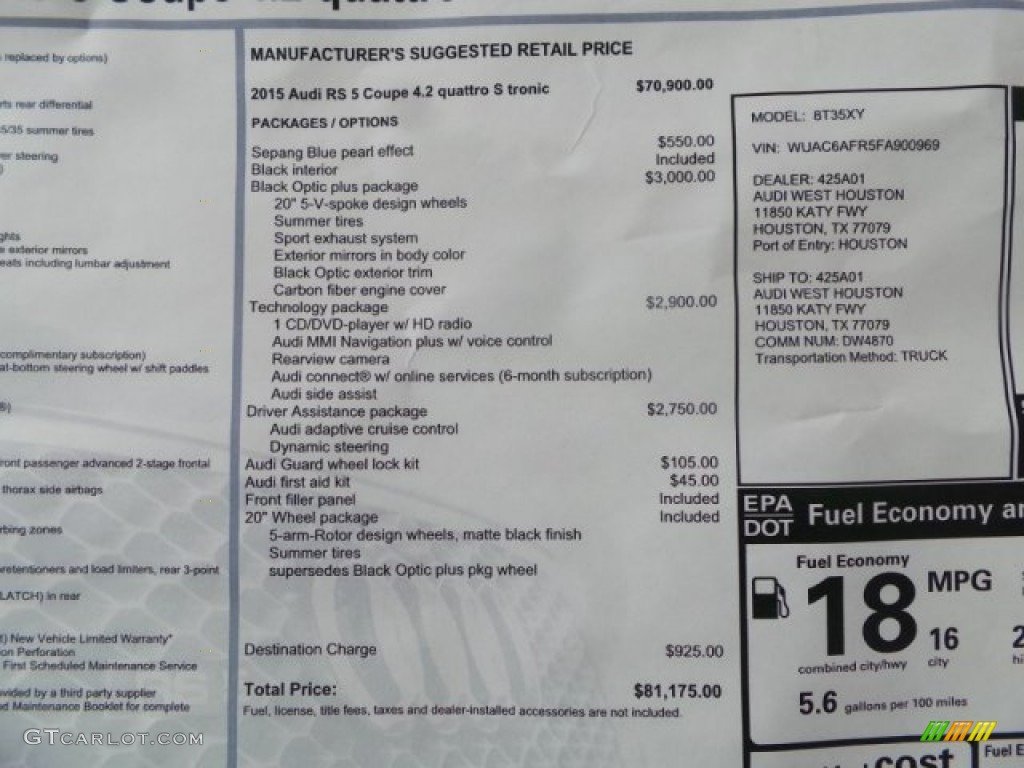 2015 Audi RS 5 Coupe quattro Window Sticker Photo #100598089