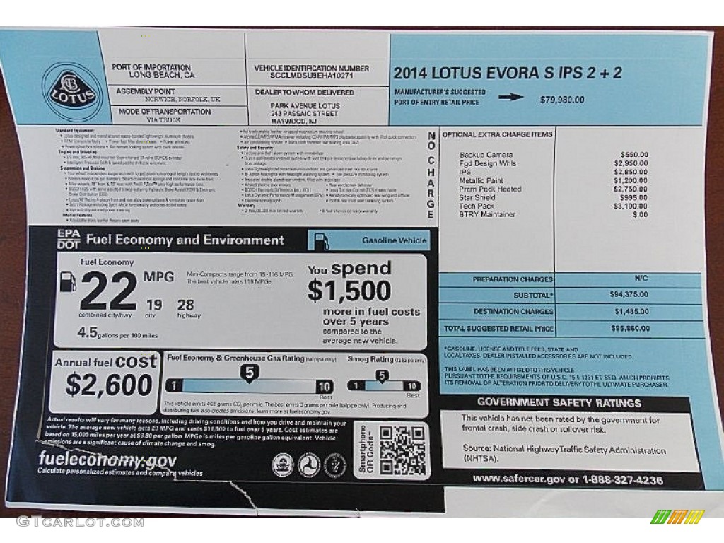 2014 Lotus Evora S 2+2 Window Sticker Photo #100598819