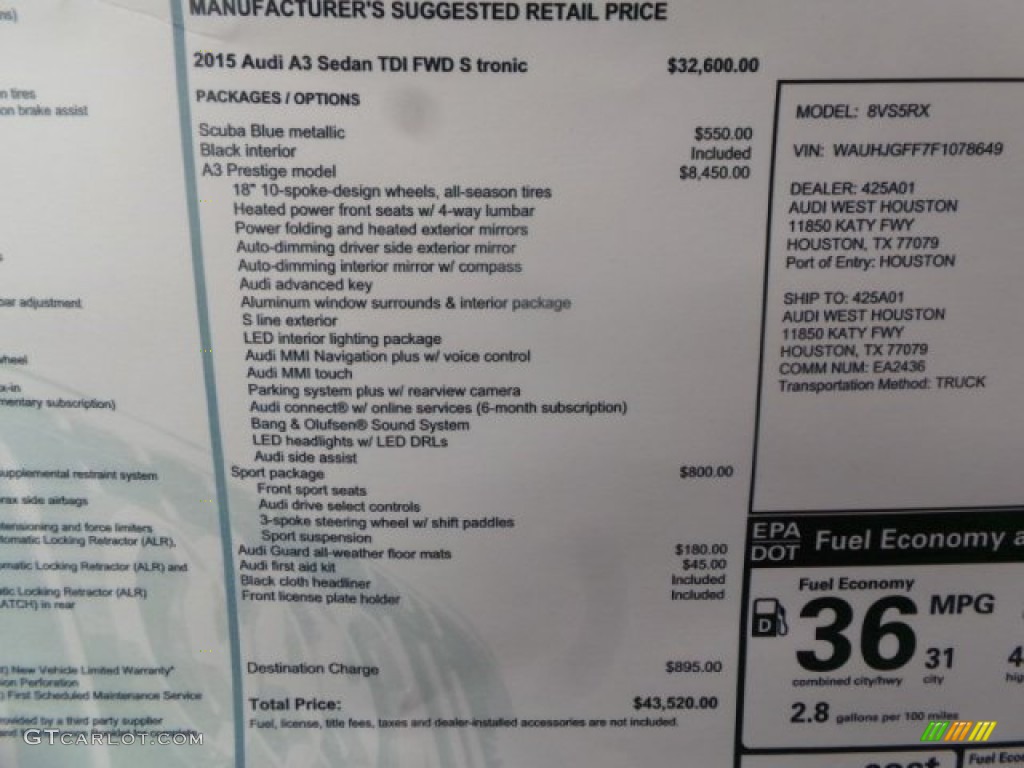 2015 Audi A3 2.0 TDI Premium Window Sticker Photo #100603580