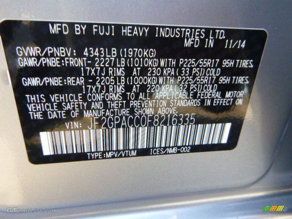 2015 XV Crosstrek 2.0i Premium - Ice Silver Metallic / Black photo #16