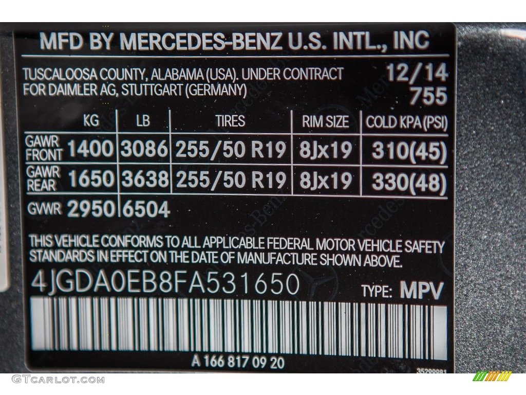 2015 Mercedes-Benz ML 250 BlueTEC 4Matic Color Code Photos