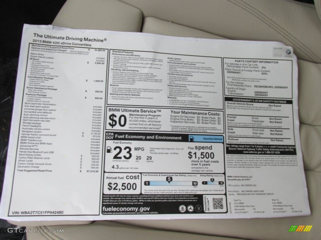 2015 BMW 4 Series 435i xDrive Convertible Window Sticker Photos