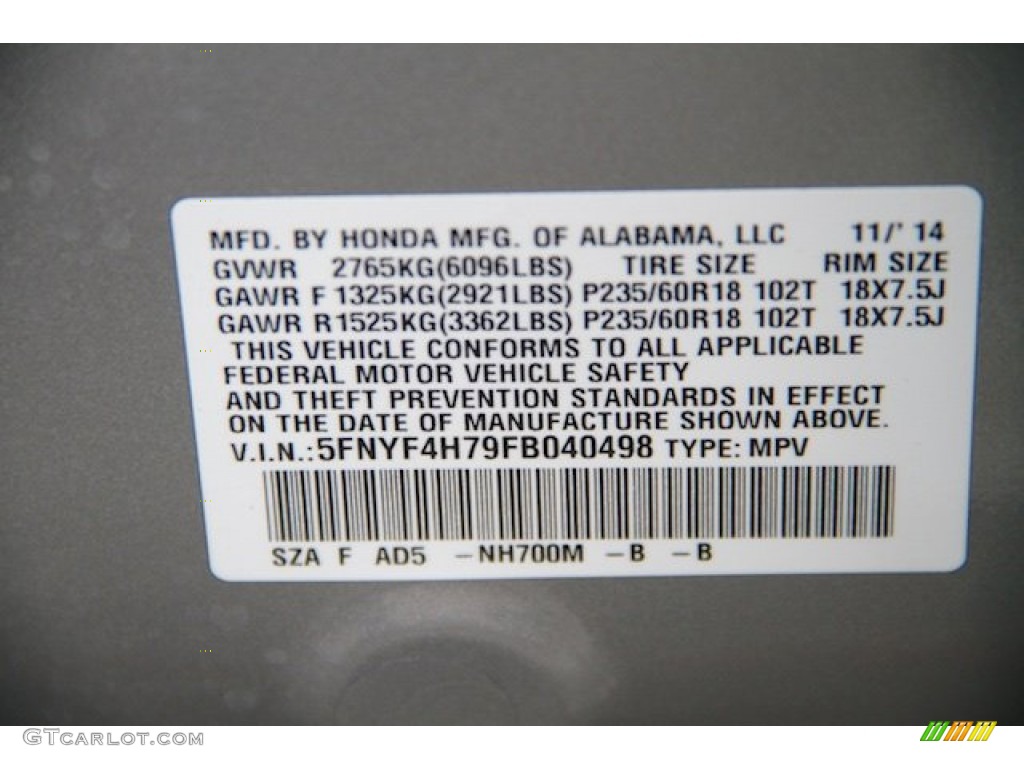 2015 Pilot EX-L 4WD - Alabaster Silver Metallic / Gray photo #25