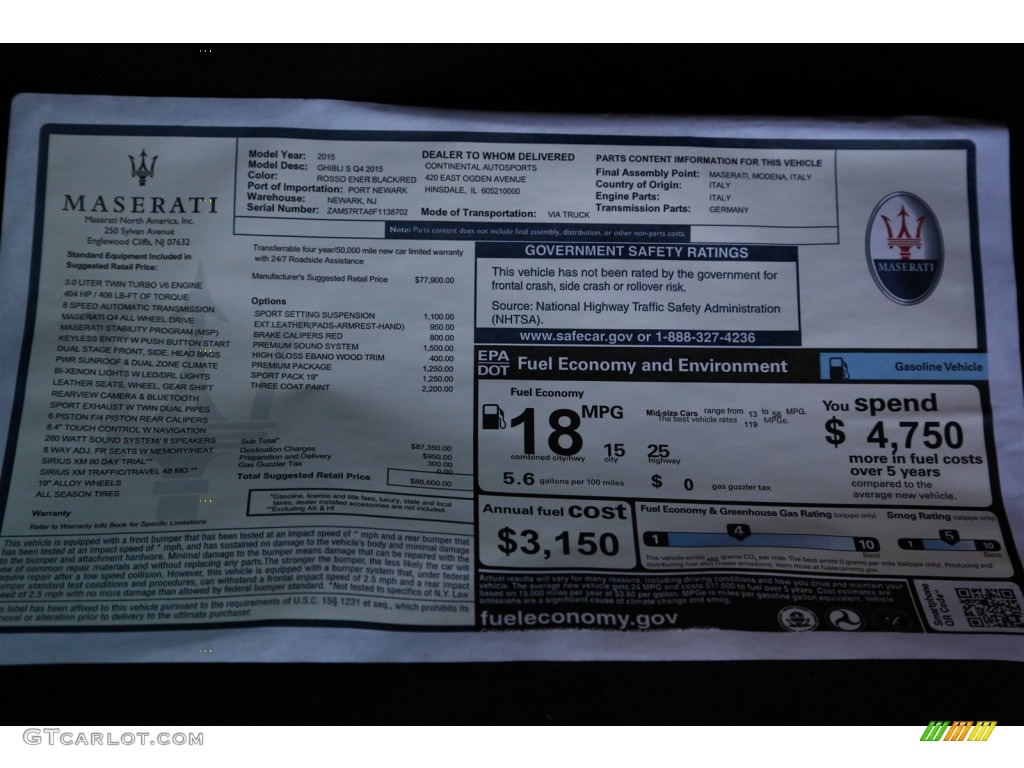 2015 Maserati Ghibli S Q4 Window Sticker Photo #101026609