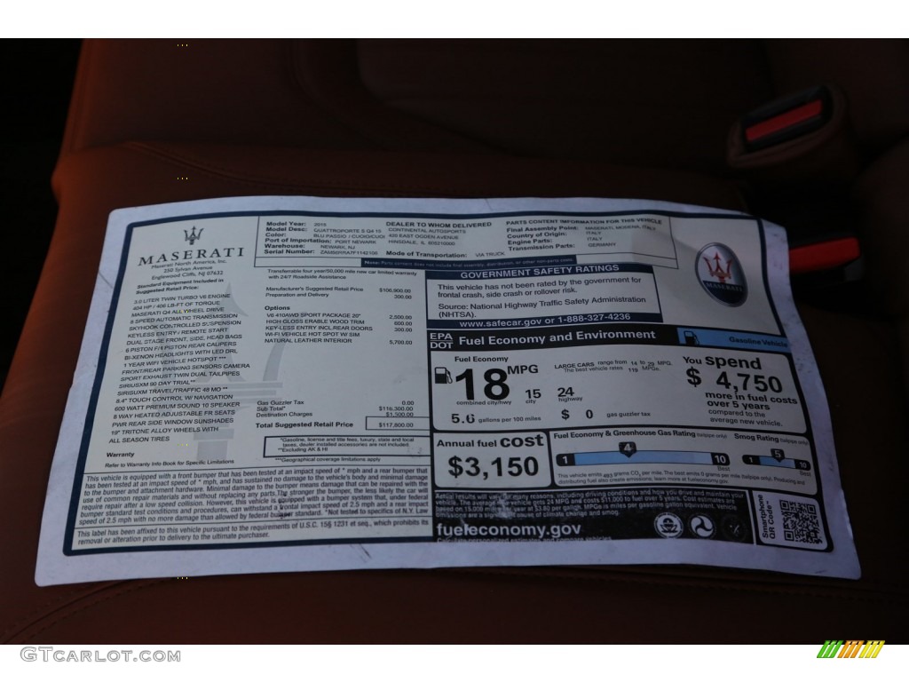 2015 Maserati Quattroporte S Q4 AWD Window Sticker Photo #101027292
