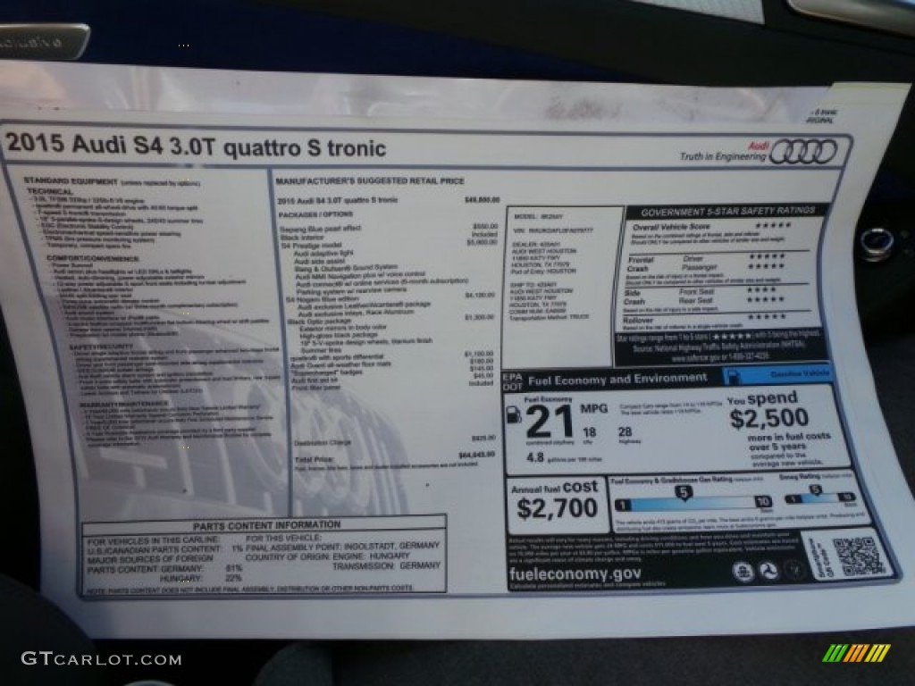 2015 Audi S4 Prestige 3.0 TFSI quattro Window Sticker Photo #101088699
