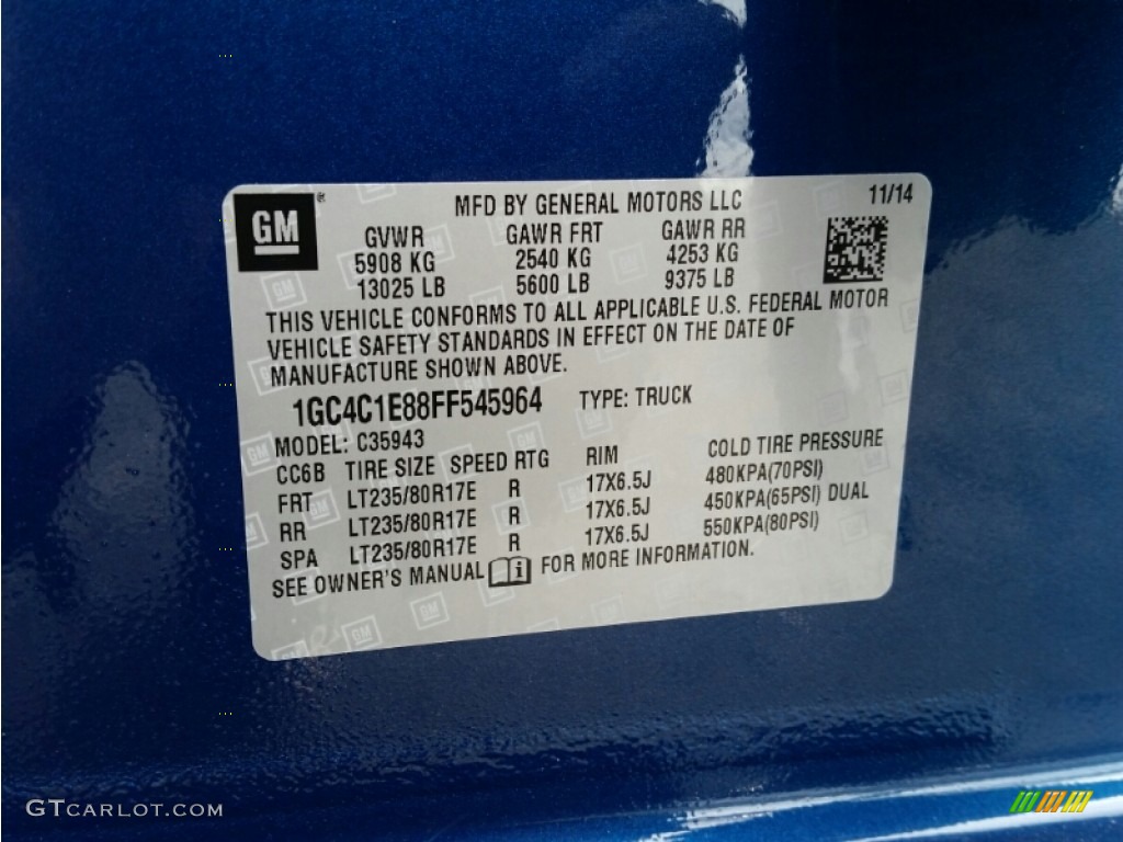 2015 Chevrolet Silverado 3500HD High Country Crew Cab Dual Rear Wheel Info Tag Photo #101094396