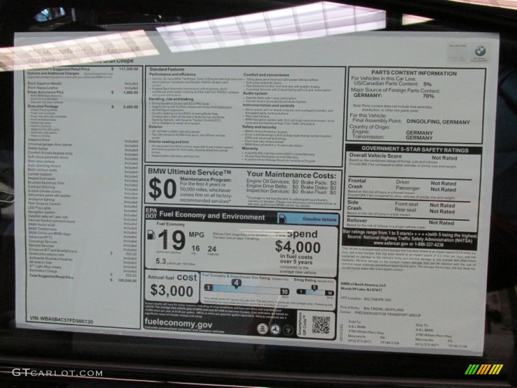 2015 BMW 6 Series B6 Bi-Turbo Gran Coupe Window Sticker Photo #101096001
