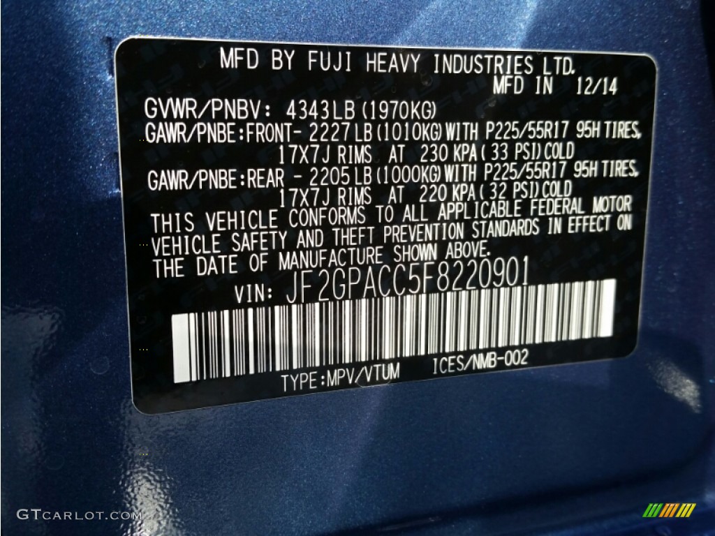 2015 Subaru XV Crosstrek 2.0i Premium Info Tag Photo #101151585