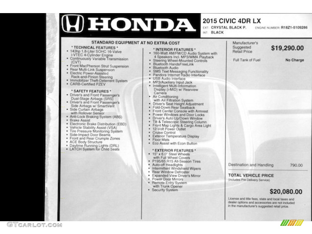 2015 Civic LX Sedan - Crystal Black Pearl / Black photo #18